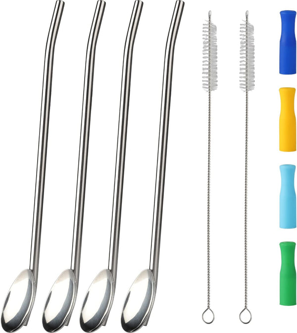 Long Stainless Steel Ice Tea Spoons, Bar Spoons with Straw for Mixing, Stirring, and Drinking
