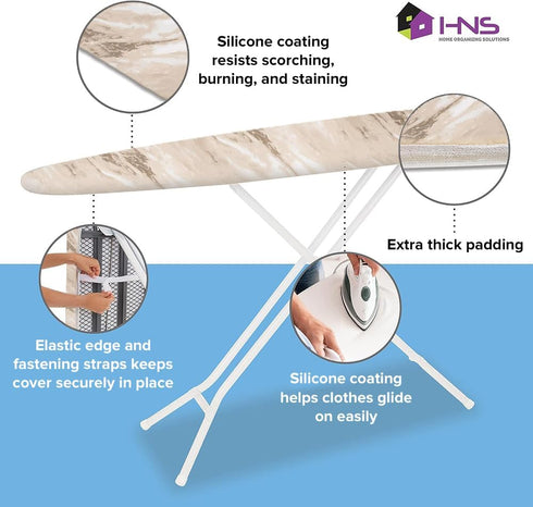 HOLDN’ STORAGE Ironing Board Cover and Pad, 15" x 54" Heat Reflective Cover for Standard Iron Boards - Beige Marble