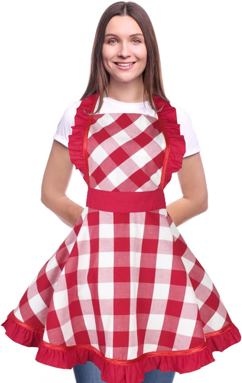Violet Mist Red Plaid Vintage Apron for Women - Cute Ruffle Frilly Kitchen Apron, Retro 50s Style for Cooking