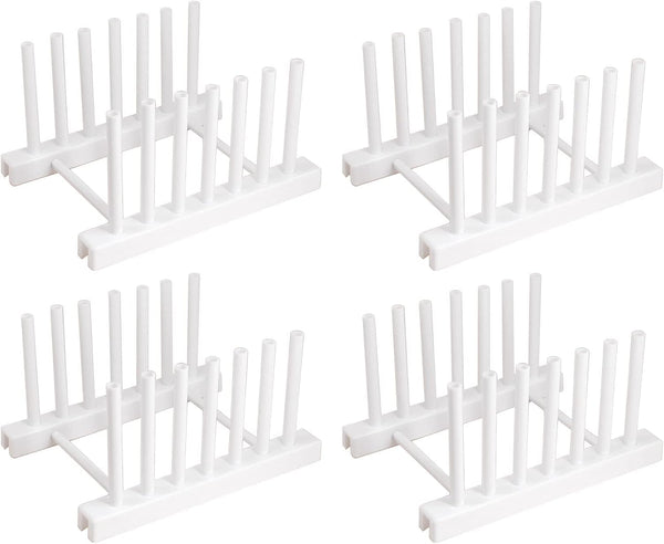 White Plate Organizer for Cabinet, 4 Pack Plastic Rack Stand for Dish, Bowl, Bakeware, Serving Tray