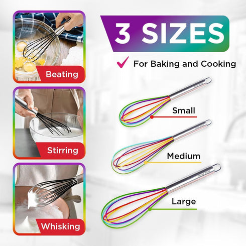 Silicone Whisk Set, Non-Scratch Set of 3, Mini & Small Sizes, Stainless Steel Whisk