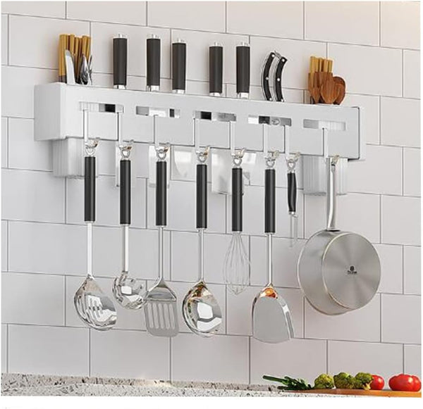 Wall Mount Utensil Holder - 15.7'' Stainless Steel Kitchen Rack with Knife Holder, Towel Bar, and Hooks