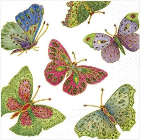 Caspari Jeweled Butterflies Paper Cocktail Napkins - Pearl, Four Packs of 20