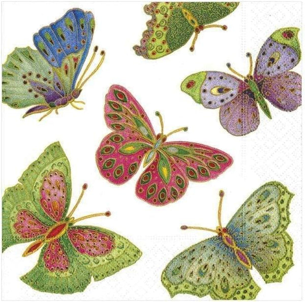 Caspari Jeweled Butterflies Paper Cocktail Napkins - Pearl, Four Packs of 20