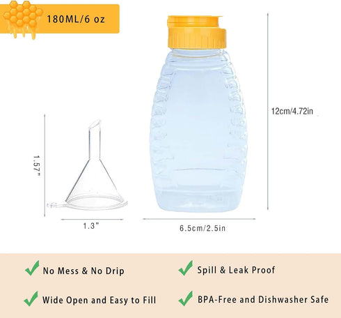 THYULIFE 2 Pack 180ml Empty Plastic Honey Bottles with Funnel, Squeeze Honey Jars Leakproof Honey Dispenser No Drip