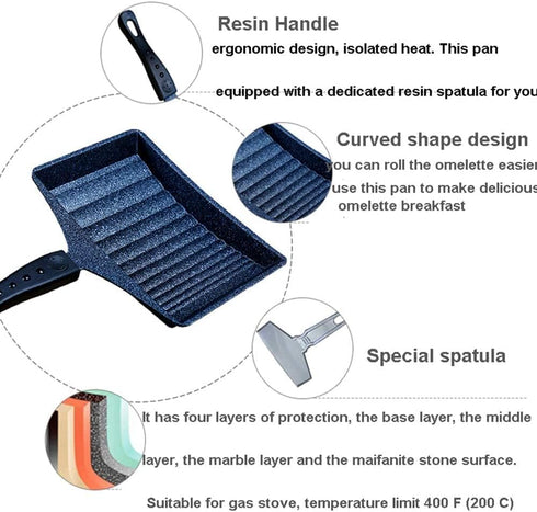 Tamagoyaki Frying Pan, Non-Stick Wave Bottom Maifanite Stone Egg Roll Pan for Omelette, Japanese Snacks, Black