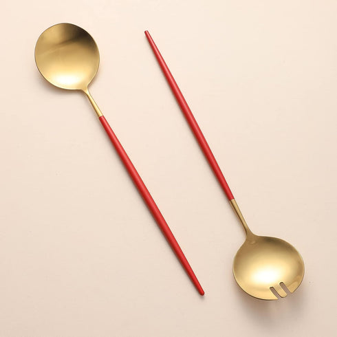 Salad Servers Set, 11.41 Inch Spoon and Fork, 18/10 Stainless Steel with Titanium Plating (Red Gold)