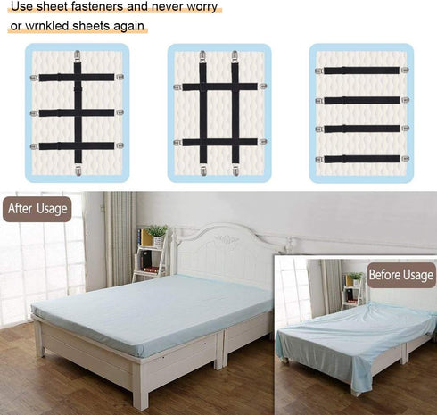 Adjustable Bed Sheet Straps Clips, 8Pcs Black Elastic Fasteners for Mattress, Sofa, Table Cloth