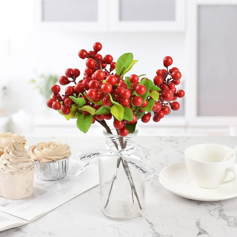 4 HUIANER Pcs Artificial Red Berries, Christmas Fake Flowers Lifelike Redberry Stems Faux Fruit for Valentine's Day