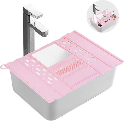 Bathroom Sink Cover, Foldable Makeup Brush Cleaning Mat, Silicone Sink Topper, Heat Resistant Makeup Organizer