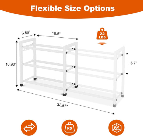 Closet 18.5"-33" 12 3-Tier Expandable Shoe Rack for Adjustable Metal Shoe Rack for Entryway Free Standing Shoe