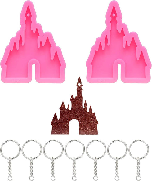 2 Pcs Castle Silicone Mold with Hole, Castle Shaped Keychain Molds and 10 Pieces Key Rings with Chain