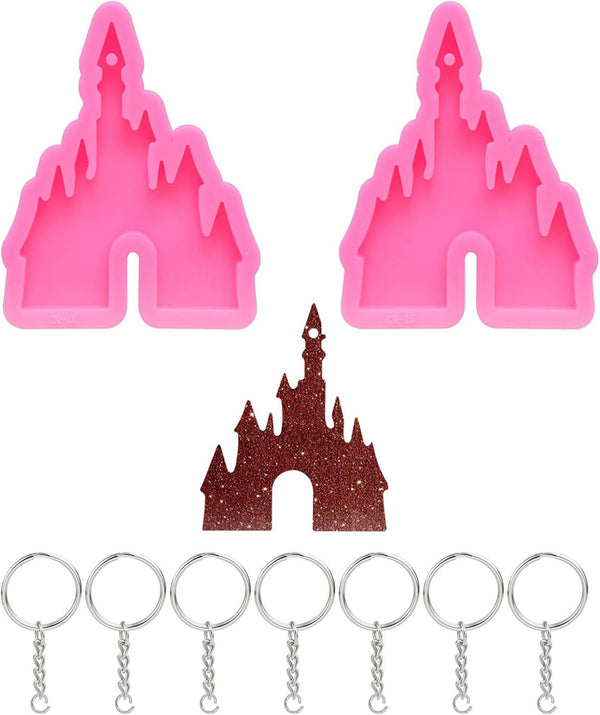 2 Pcs Castle Silicone Mold with Hole, Castle Shaped Keychain Molds and 10 Pieces Key Rings with Chain