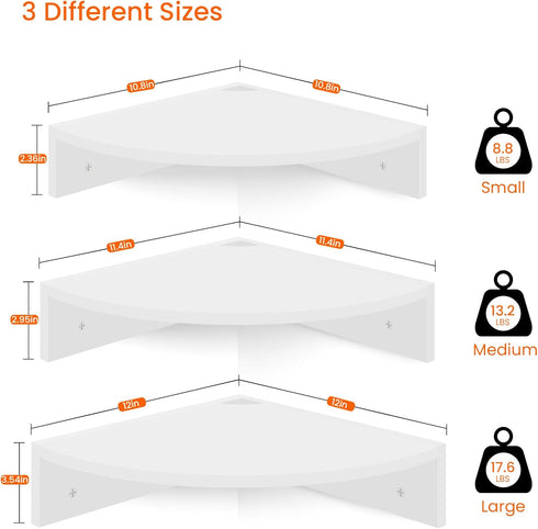 Set 3 12 Inch Homode Floating Corner Shelves, of Wood Corner Wall Shelves with Wire Hole, Deep Hanging Corner Display