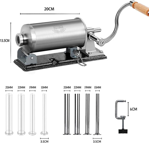 MZTOGR 2.5LBS 8 Sausage Stuffer, Stainless Steel Horizontal Sausage Maker, Homemade Manual Meat Filling Kitchen Machine
