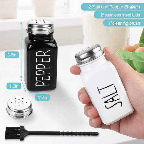 2 Pack Set, Salt and Pepper Shakers Glass Shaker with Stainless Steel Lid, Modern and Cute Farmhouse (Black and White)