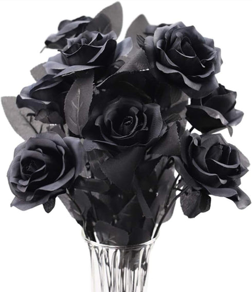 TUZAZO 10pcs Black Roses Artificial Flowers with Stems, Faux Silk Flowers for Bridal Gothic Wedding Bouquet and Home