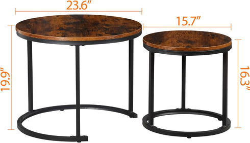 Set 2, 23.6inch ZENY Nesting Coffee Table of Round Coffee Table Wood Grain Top with Sturdy Metal Frame, Industrial End