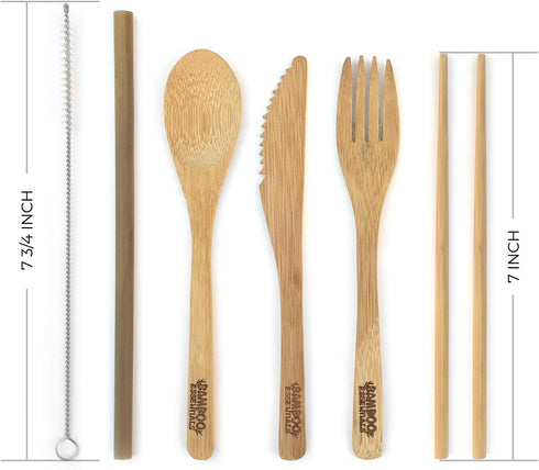 Travel Utensils Set with Case, Fork, Knife, Spoon, Chopsticks, Straw, and Cleaning Brush, Midnight Black