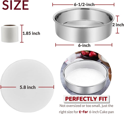 6 Inch Cake Pan Set of 2, E-Far Stainless Steel Round Layer Baking Pans with Parchment Rounds, Non-Toxic & Dishwasher