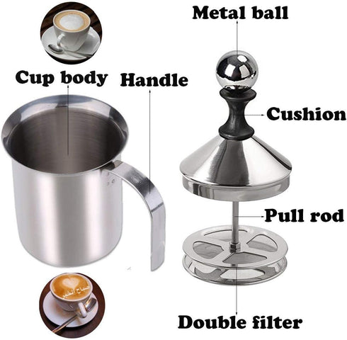 HOMEGOAL Chocolate(14-Ounce/400ml) Milk Frother, Stainless Steel Manual Milk Foamer, Handheld Coffee Milk Frothing