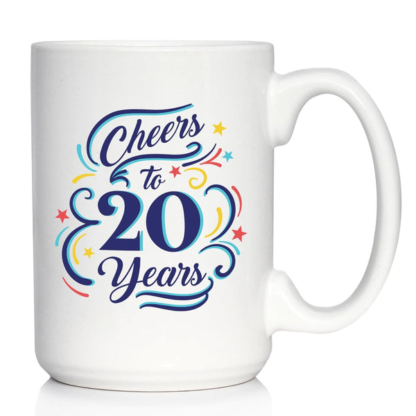 Cheers to 20 Years Coffee Mug, Gifts for Women & Men, 20th Anniversary Party Decor, Large 15oz White Ceramic Mug