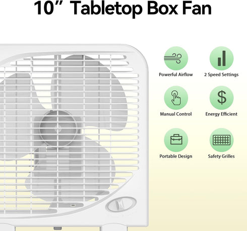 shinic 10" Tabletop Box Fan, 2 Speeds Quiet Fan with Strong Airflow, Portable for Bedroom, Kitchen, Office