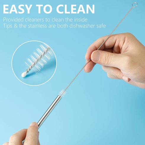 Senneny Set of 5 Stainless Steel Straws with Silicone Flex Tips, 2 Cleaning Brushes, and 1 Portable Bag (Silver)