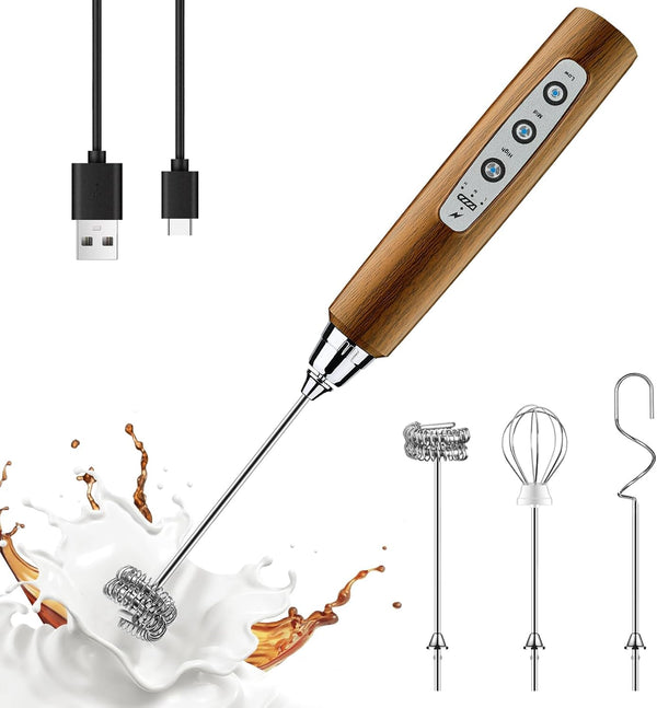 YUSWKO Wood Grain Handheld Milk Frother Wand, Rechargeable Electric Whisk with 3 Heads, 3 Speeds Drink Mixer for Coffee
