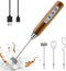 YUSWKO Wood Grain Handheld Milk Frother Wand, Rechargeable Electric Whisk with 3 Heads, 3 Speeds Drink Mixer for Coffee
