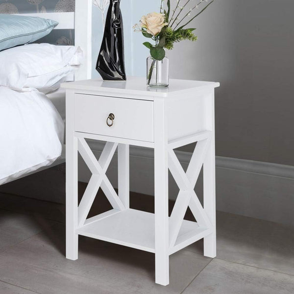 Bonnlo White Nightstand, Small Nightstand with Drawer & Shelf, Farmhouse Night Stand Bedroom,