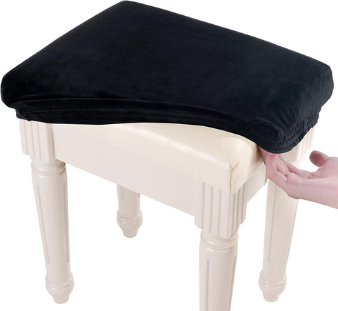 SINOSSO Soft Velvet Vanity Bench Cover, Stretch Washable Rectangle Saddle Bar Stool Slipcover - Black