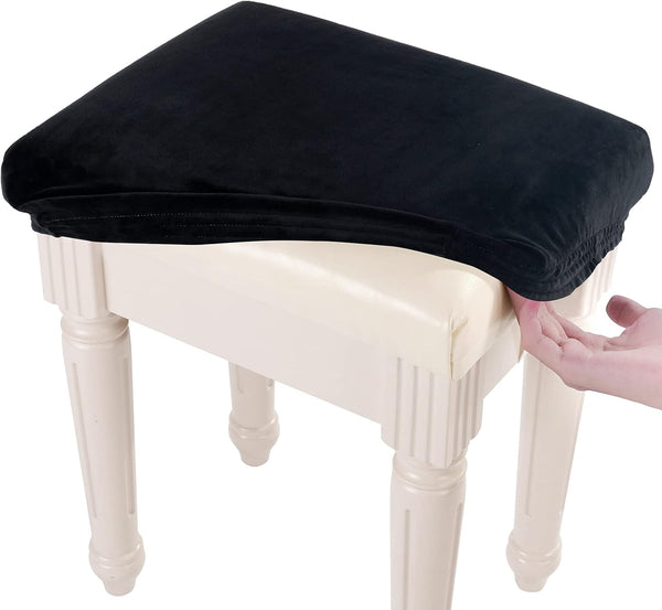 SINOSSO Soft Velvet Vanity Bench Cover, Stretch Washable Rectangle Saddle Bar Stool Slipcover - Black