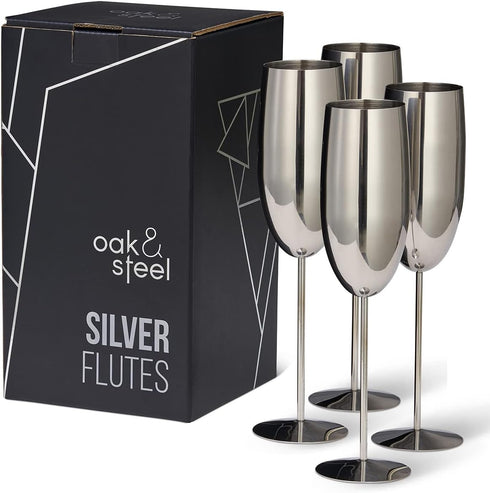 Oak & Steel 4 Silver Stainless Steel Champagne Flutes with Gift Box, 284 ml - Elegant & Unbreakable for Outdoor Parties