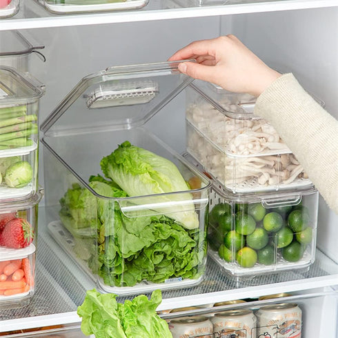 SANNO Vegetable Fruit Containers, Fridge Organizer Bins with Vented Lids and Drain Tray for Kitchen, Pantry, Freezer