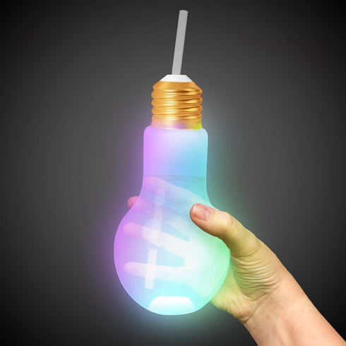 Windy City Novelties 6 Pack LED Light Up White Light Bulb Cup with Straw