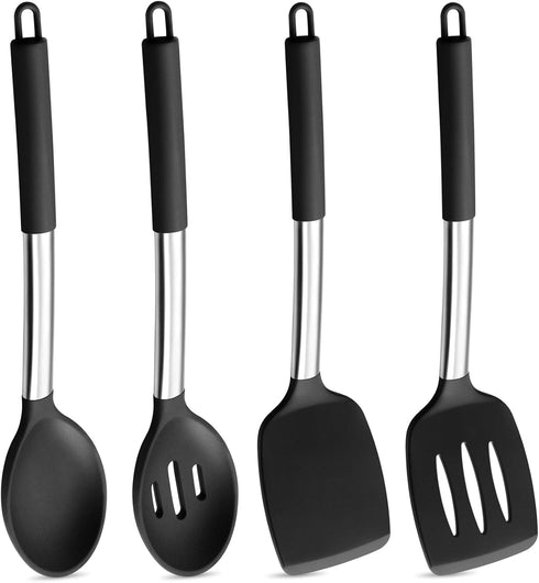 P&P CHEF Black Silicone Cooking Utensil Set of 4, Heat-proof Spatulas, Slotted Spoons, Turners for Non-stick Cookware