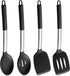 P&P CHEF Black Silicone Cooking Utensil Set of 4, Heat-proof Spatulas, Slotted Spoons, Turners for Non-stick Cookware