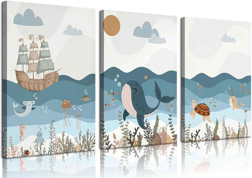 SUAXTCCR 3Pcs Nautical Nursery Canvas Wall Art Blue Beach Animal Wall Decor
