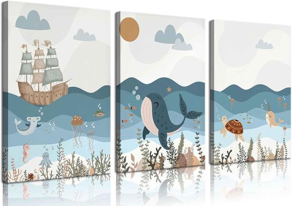 SUAXTCCR 3Pcs Nautical Nursery Canvas Wall Art Blue Beach Animal Wall Decor