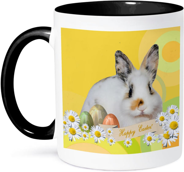 3dRose Calico Bunny Rabbit with Daisy Flowers Happy Easter Two Tone Mug, 1 Count (Pack of 1) - Black