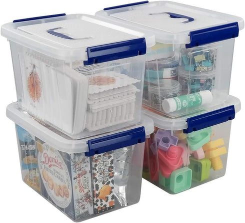 Ggbin 4 Pack 6 Quart Latching Storage Box - Small Lidded Storage Container Bin with Handle, Clear