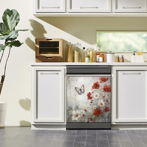 Rustic Farmhouse Magnetic Dishwasher Cover, White and Red Flowers Vinyl Decal, 23Wx26H Inches