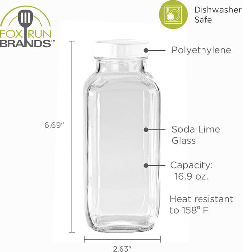 16.9 oz Fox Run Square Glass Milk Bottle, Leaf-Proof Juice and Creamer Container with Lid