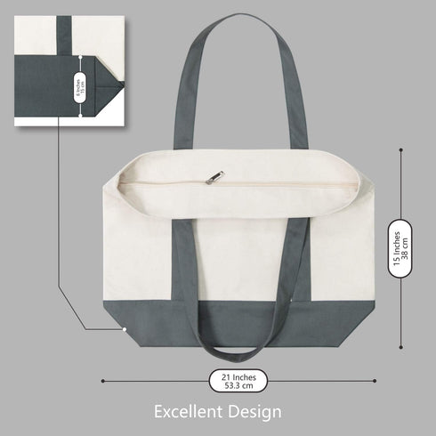 TOPDesign 1-Pack Canvas Tote Bag with External Pocket, Reusable Grocery Shopping Bag, Grey/Natural