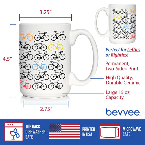 Bicycle Coffee Mug - Unique Road Biking Decor and Gifts for Cyclists - Large 15oz White Ceramic Mug