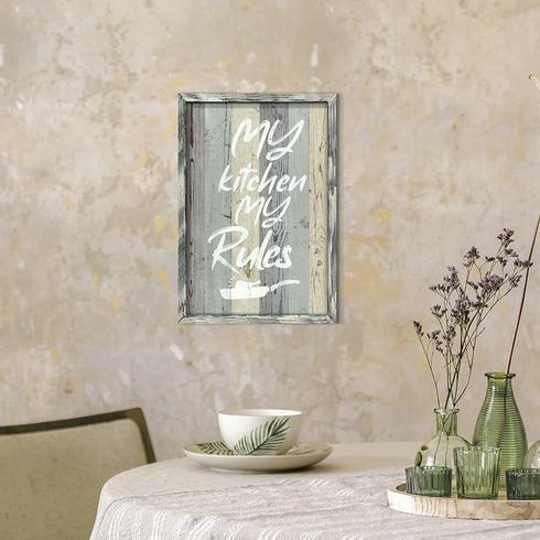Kitchen Quotes Wooden Wall Art: Rustic Farmhouse Framed Funny My Kitchen My Rules Saying Print for Dining Room Decor