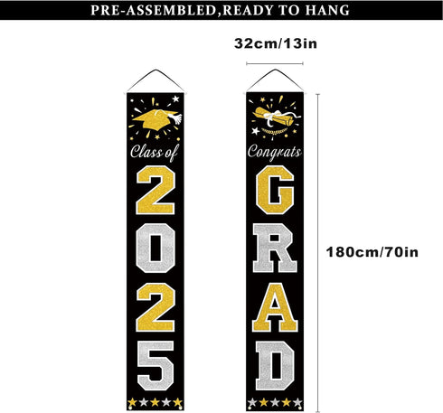 DAZONGE 2025 Graduation Decorations, Black & Gold Class of Porch Banners for Any Schools or Grades Party Supplies