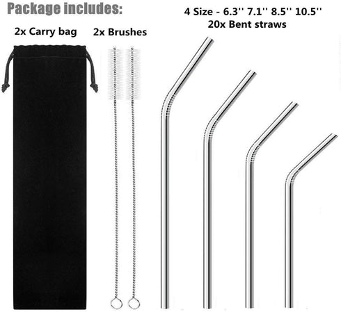 Reusable Stainless Steel Drinking Straws, 20 Pcs, 4 Sizes - 6.3'' 7.1'' 8.5'' 10.5'', BPA Free with 2 Brushes and Carry
