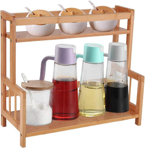 Ufine 2 Tier Bamboo Spice Rack Organizer Kitchen Countertop Storage Shelf Free Standing Holder for Various Bottles,